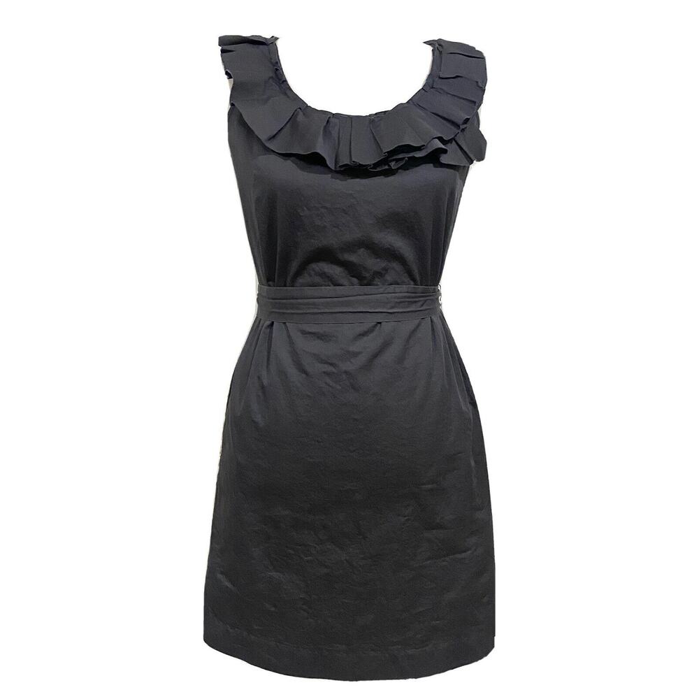 J. Crew 100% Cotton Dress Belted Ruffle Neckline Sleeveless Sheath Gray Womens 4